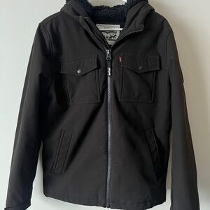 Mens Black Levi Winter Jacket, Size Small, Sherpa Lined